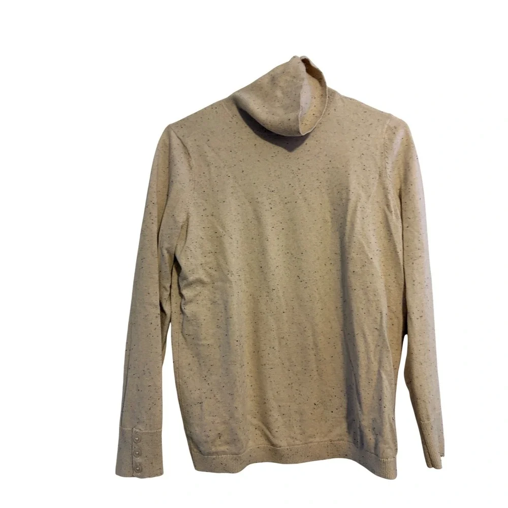 Talbots Turtleneck Sweater Womens MP‎ Beige Speckled Button Cuff Cotton Blend